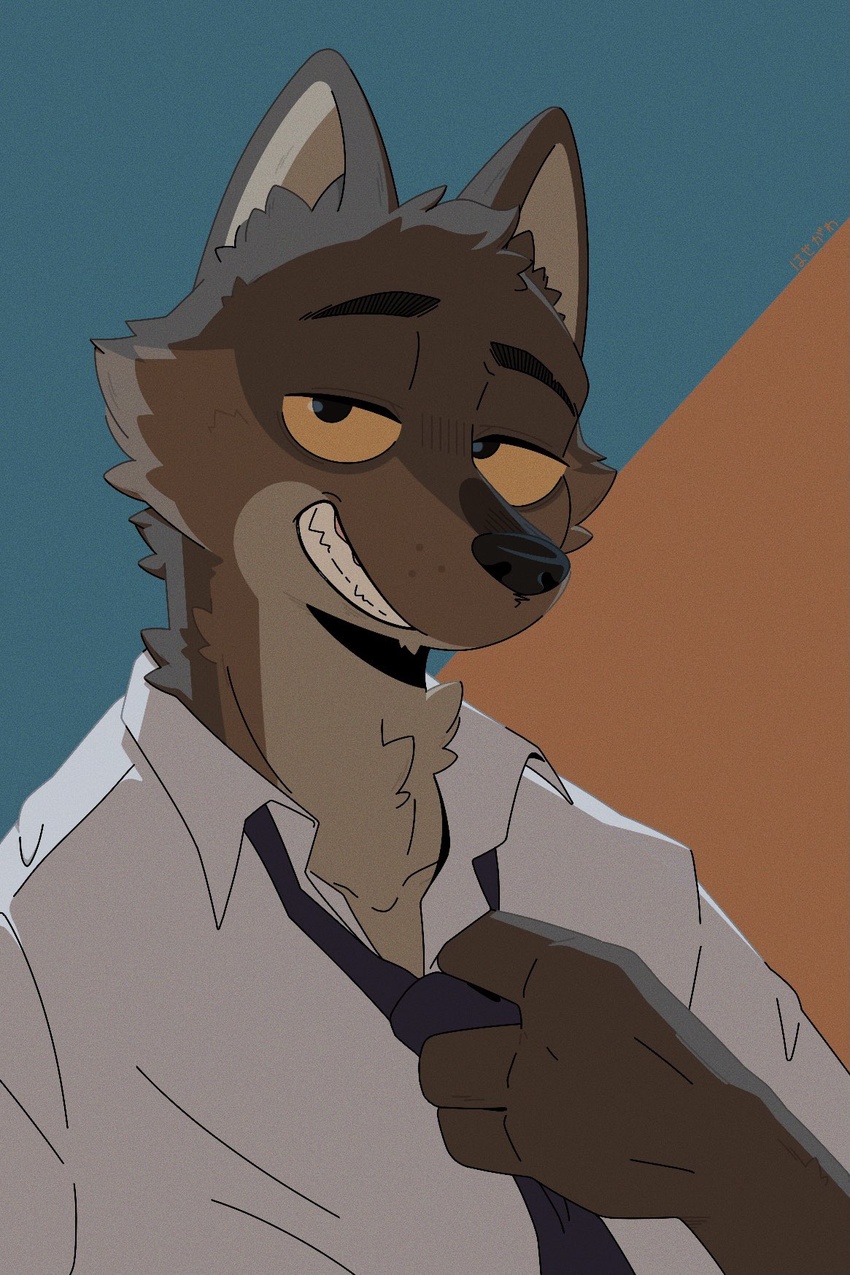 2021 adjusting_clothing anthro canid canine canis clothing digital_media_(artwork) dreamworks fur hi_res male male_anthro mammal mr._wolf_(the_bad_guys) necktie oonekoh smile solo teeth the_bad_guys white_clothing wolf