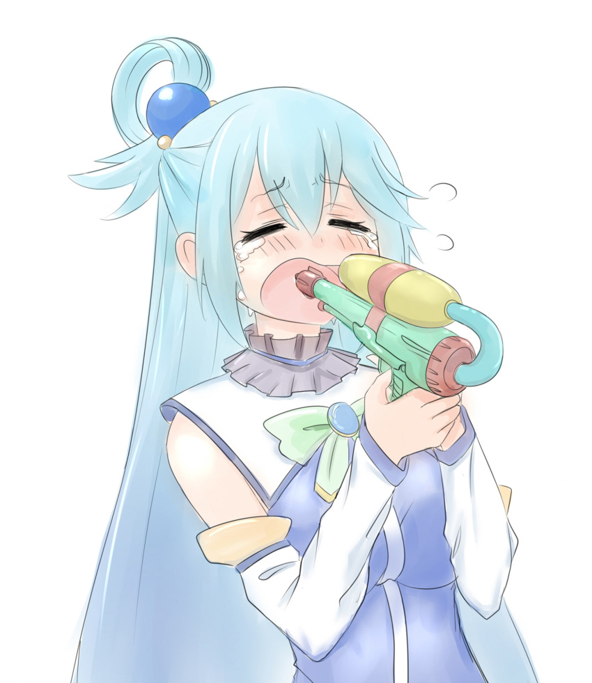 aiming aqua_(konosuba) blue_bow blue_vest bow breasts commentary crying crying_aqua_(meme) detached_sleeves english_commentary female gun_in_mouth hair_rings highres holding kono_subarashii_sekai_ni_shukufuku_wo! long_sleeves medium_breasts meme mixed-language_commentary neck_garter open_mouth photoshop_(medium) pointing pointing_at_self simple_background solo tears upper_body vest viperxtr water_gun white_background