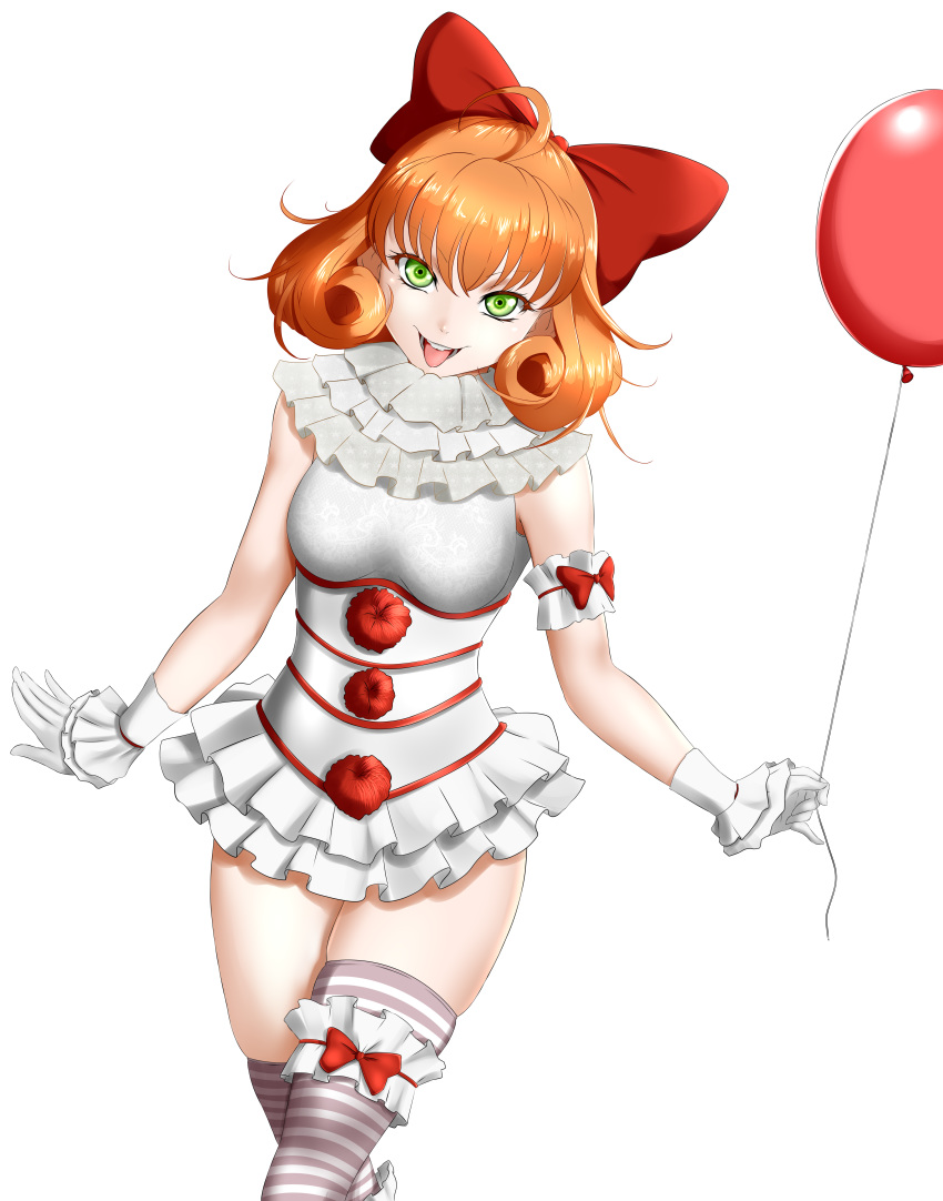 :d absurdres ahoge alfred_cullado arm_strap bangs banned_artist bow brown_hair female garters gloves green_eyes grey_neckwear hair_between_eyes hairbow highres holding_balloon layered_skirt long_hair looking_at_viewer microskirt open_mouth penny_polendina pleated_skirt red_bow rwby shiny shiny_hair skirt sleeveless smile solo standing striped striped_legwear thighhighs tongue tongue_out transparent_background white_gloves white_skirt wrist_cuffs