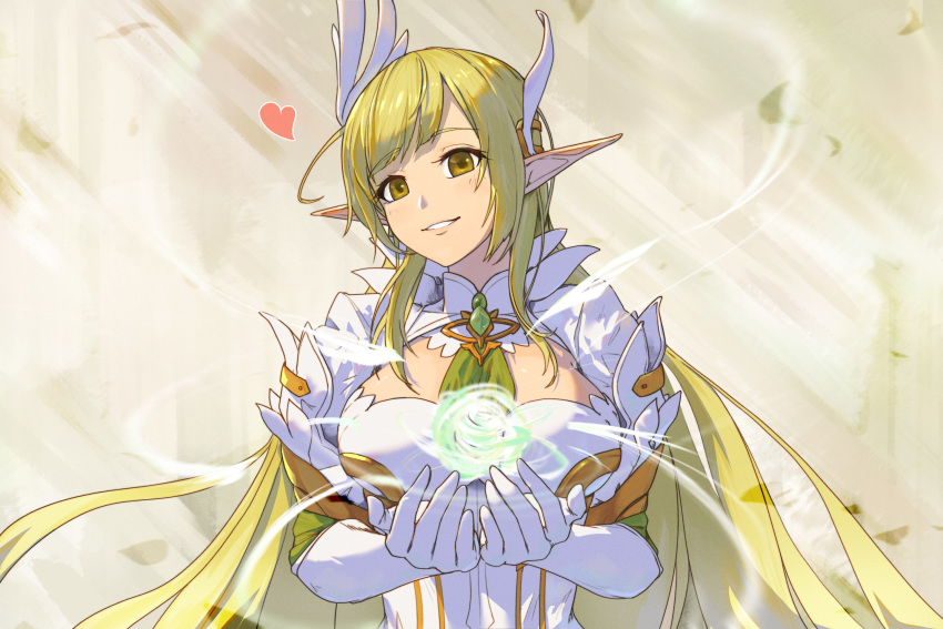 ahoge breasts commentary_request daybreaker_(elsword) elsword female gloves green_eyes green_hair heart highres large_breasts long_hair looking_at_viewer parted_lips pointy_ears rena_erindel sa_(sam-ya) smile solo teeth upper_body