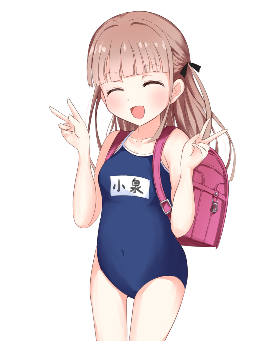 arms_up backpack bag blue_one-piece_swimsuit blunt_bangs closed_eyes covered_navel double_v female highres koizumi_uta long_hair one-piece_swimsuit open_mouth p-hone randoseru ribbon school_swimsuit selection_project simple_background smile solo swimsuit thigh_gap thighs two_side_up v white_background