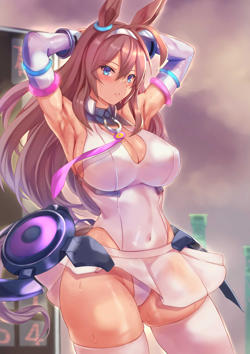 absurdres animal_ears armpits arms_up bad_id bad_pixiv_id bare_shoulders blue_eyes blush breasts brown_hair cleavage covered_navel detached_sleeves female hair_between_eyes hair_ornament hairband highleg highleg_leotard highres horse_ears horse_girl horse_tail large_breasts leotard long_hair long_sleeves looking_at_viewer mihono_bourbon_(umamusume) miniskirt parted_lips sideboob skindentation skirt solo sweat tail thighhighs thighs uchida_shou umamusume white_hairband white_leotard white_skirt white_sleeves white_thighhighs