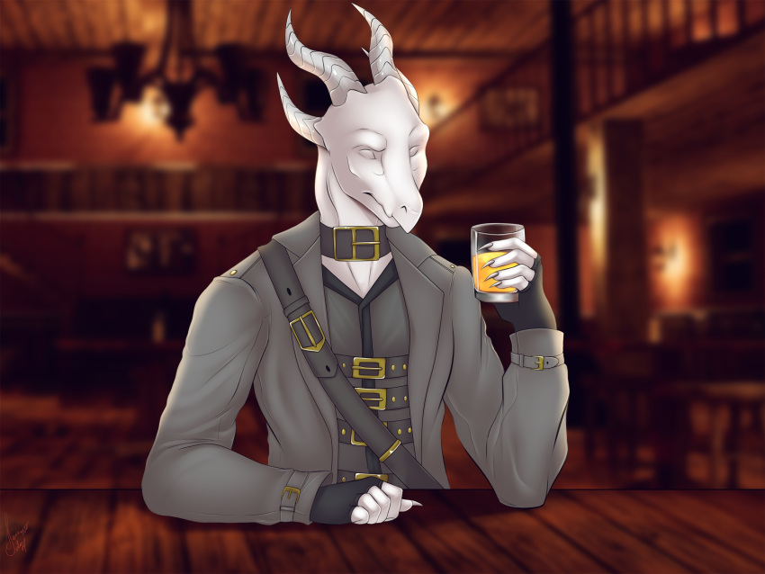 2021 4:3 anthro bar belt beverage blind claws clothed clothing coat collar digital_media_(artwork) disability dragon eyeless fingerless_gloves fully_clothed glass gloves handwear hi_res holding_object horn inside juice_(beverage) len4ik555 male mythological_creature mythological_scalie mythology orange_juice saren_(saren662) scalie sitting solo topwear white_body