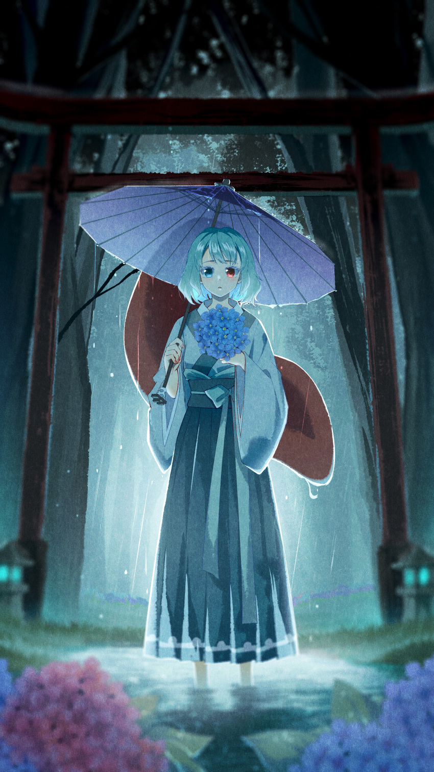 absurdres blue_eyes blue_flower blue_hair blue_kimono blurry blurry_foreground commentary_request depth_of_field female flower full_body heterochromia highres holding holding_flower holding_umbrella hydrangea japanese_clothes jiege karakasa_obake kimono long_sleeves looking_at_viewer nail_polish outdoors parted_lips pink_flower rain red_eyes red_nails scenery short_hair solo standing straight-on tatara_kogasa tongue torii touhou umbrella wading wide_sleeves