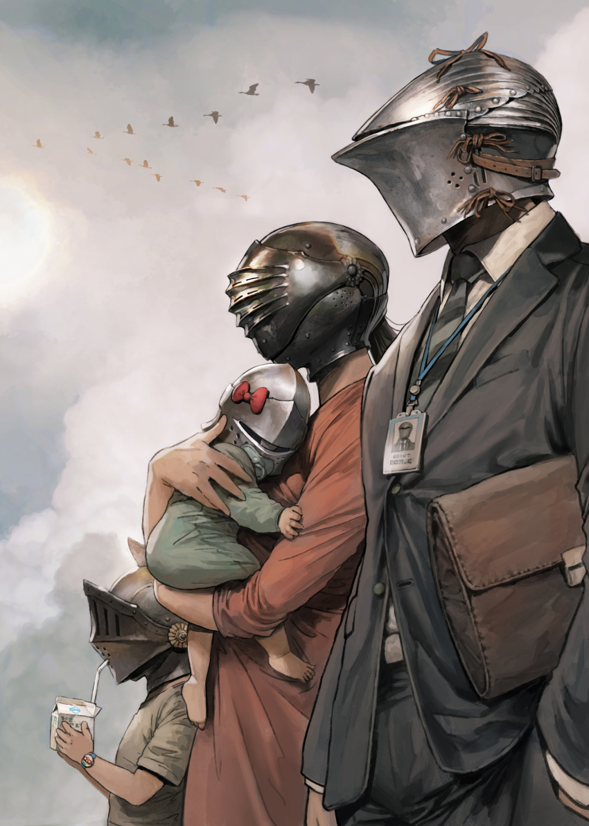 2boys 2girls absurdres arm_at_side armor baby bag bird black_hair black_necktie black_suit bow cloud cloudy_sky drinking drinking_straw flock flying formal frog-mouth_helm goose grey_sky hand_in_pocket handbag helm helmet highres holding_baby juice_box lolicon long_sleeves multiple_boys multiple_girls name_tag necktie original outdoors pacifier ponytail red_bow shirt short_sleeves sky standing suit t-shirt tahra watch wristwatch