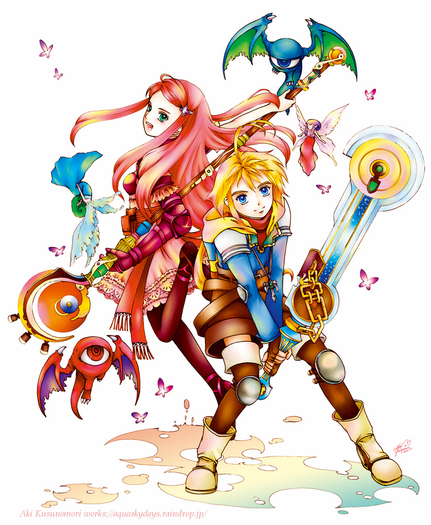 1boy blonde_hair blue_eyes commentary_request eyeball fairy female final_fantasy final_fantasy_tactics_advance highres long_hair marche_radiuju pink_hair pizza_cutter_sword ritz_malheur sakura_shima_aki