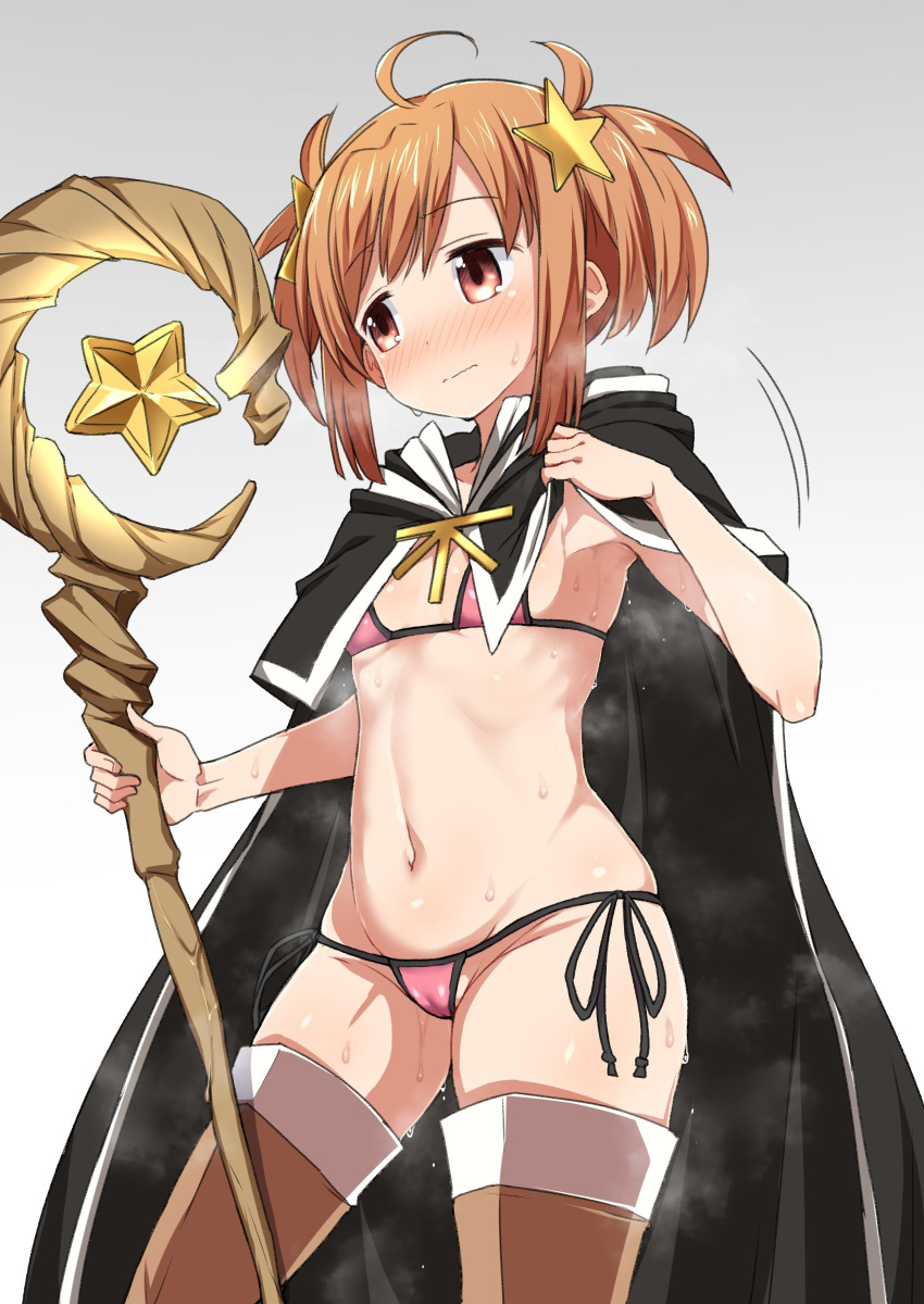 absurdres bad_id bad_twitter_id bikini boots brown_footwear brown_hair cape cowboy_shot female grey_background hair_ornament highres kirara_(kirara_fantasia) kirara_fantasia kounosu_satori looking_away micro_bikini pink_bikini short_twintails side-tie_bikini_bottom simple_background solo staff star_(symbol) star_hair_ornament steam sweat swimsuit thigh_boots thighhighs twintails