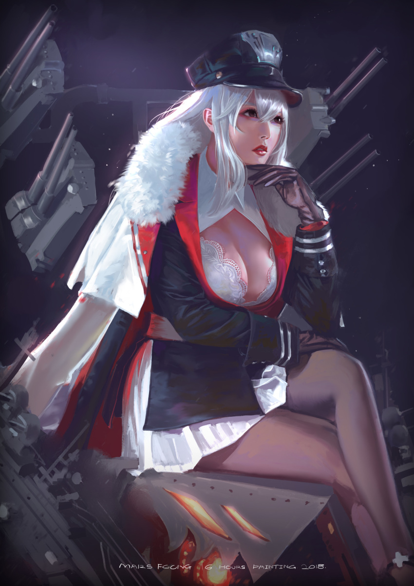 absurdres artist_name azur_lane black_legwear breasts brown_eyes chinese_commentary cleavage commentary_request crossed_legs dated fur_trim gloves graf_zeppelin_(azur_lane) hair_between_eyes hand_on_own_knee hat highres large_breasts lips lipstick long_hair looking_afar makeup mars_foong nose pantyhose partial_commentary peaked_cap silver_hair sitting solo