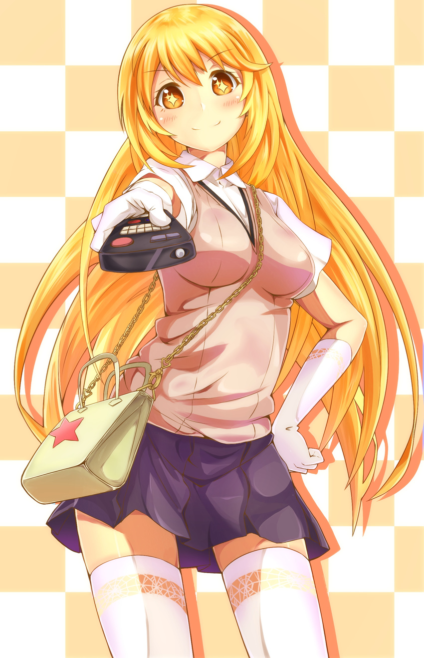 absurdres ameyoshi bag between_breasts blonde_hair breasts chains checkered_background commentary_request contrapposto controller cowboy_shot elbow_gloves female foreshortening gloves hand_on_own_hip handbag highres impossible_clothes lace lace-trimmed_gloves lace-trimmed_legwear lace_trim long_hair looking_at_viewer medium_breasts pleated_skirt remote_control school_uniform shokuhou_misaki short_sleeves skindentation skirt smile solo spider_web_print standing star-shaped_pupils star_(symbol) strap_between_breasts summer_uniform sweater_vest symbol-shaped_pupils thighhighs toaru_kagaku_no_railgun toaru_majutsu_no_index tokiwadai_school_uniform white_gloves white_thighhighs yellow_eyes zettai_ryouiki