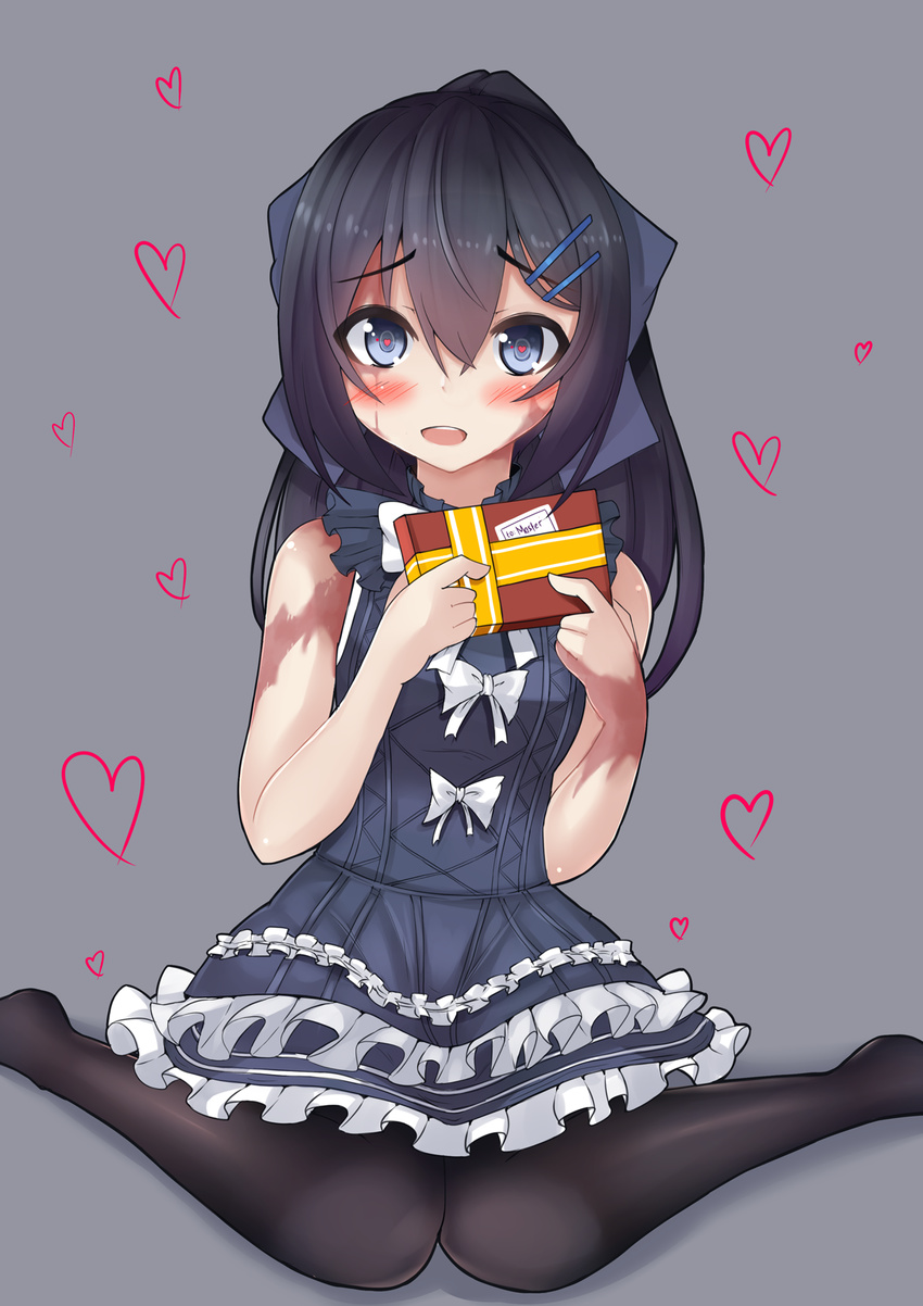 black_hair blue_eyes blush burn_scar commentary_request dorei_to_no_seikatsu_~teaching_feeling~ female gift hair_ornament hairclip heart heart-shaped_pupils highres kuronekozero long_hair pantyhose scar sitting sleeveless smile solo sylvie_(dorei_to_no_seikatsu) symbol-shaped_pupils valentine wariza