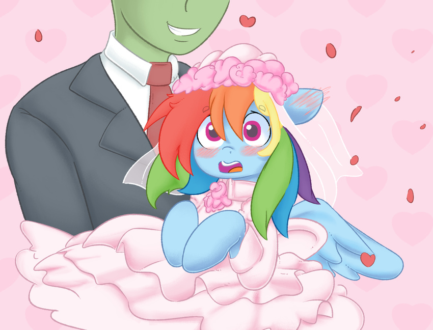 2018 adequality anon blue_body blue_fur blush bride clothing colored dress duo ende equid equine female feral flower friendship_is_magic fur hair hasbro hi_res human interspecies mammal multicolored_hair my_little_pony mythological_creature mythological_equine mythology pegasus petals plant rainbow_dash_(mlp) wedding_dress wings