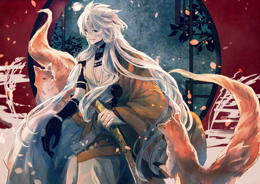 1boy commentary_request fox gloves japanese_clothes kogitsunemaru long_hair male_focus nakiha oerba_yun_fang open_mouth petals red_eyes single_glove smile solo touken_ranbu very_long_hair white_hair