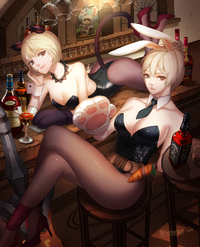 2girls alcohol animal_ears animal_hands animification aoa_(group) artist_name ass bar_(place) bar_stool bare_arms bare_shoulders battle_bunny_riven belt blonde_hair bob_cut bottle breasts brown_eyes brown_legwear carrot cat_ears cat_girl cat_tail checkered_floor citemer cleavage cocktail cocktail_glass cognac collar commentary corset cottontail_teemo counter crossed_legs cup detached_collar drawing_(object) drink drinking_glass english_commentary feet_up fnc_entertainment gloves hennessy high_heels highres indoors jack_daniel's k-pop kittysuit large_breasts league_of_legends leotard long_legs looking_at_viewer lying makeup mascara medium_breasts multiple_girls necktie nontraditional_playboy_bunny on_counter on_stomach pantyhose park_choa parted_lips paw_gloves photoshop_(medium) playboy_bunny rabbit_ears real_life red_footwear riven_(league_of_legends) shoes short_hair short_necktie shot_glass single_glove sitting smile stool strapless strapless_leotard sword tail teemo tile_floor tiles tray very_short_hair weapon whiskey wine_glass wrist_cuffs