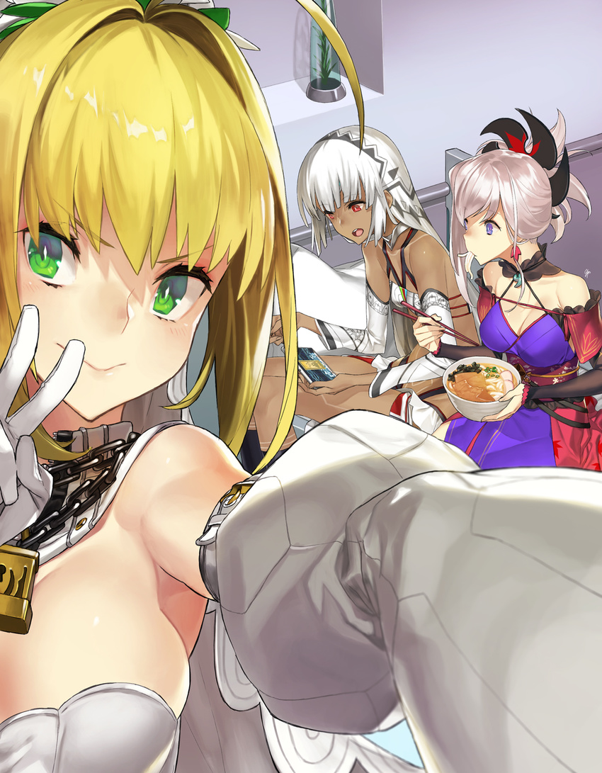 >:) 3girls 92m :d ahoge altera_(fate) archer_class_(fate) arm_strap armpits asymmetrical_hair bare_shoulders belt black_thighhighs blonde_hair blue_eyes blue_kimono blunt_bangs blurry blush bowl breasts bridal_veil buckle cellphone chains choker chopsticks cleavage closed_mouth commentary dark-skinned_female dark_skin depth_of_field detached_collar detached_sleeves earrings eating fate/extra fate/extra_ccc fate/grand_order fate_(series) floral_print flower food food_in_mouth foreshortening frills gloves green_eyes grey_hair groin hair_intakes hair_ornament halterneck happy high_ponytail highres holding holding_bowl holding_chopsticks holding_phone indoors japanese_clothes jewelry kimono large_breasts leaf_earrings leaf_print legs_together leotard light_smile lock long_hair looking_at_viewer looking_down loose_belt magatama magic_circuit messy_hair miyamoto_musashi_(fate) miyamoto_musashi_(second_ascension)_(fate) multiple_belts multiple_girls nero_claudius_(bride)_(fate) nero_claudius_(bride)_(second_ascension)_(fate) nero_claudius_(fate) noodles obi open_mouth outstretched_arm padlock phone pillow plant playing_games ponytail puffy_detached_sleeves puffy_sleeves ramen reaching reaching_towards_viewer red_eyes sash selfie short_ponytail showgirl_skirt side_slit sideboob sidelocks signature sitting skirt small_breasts smile strapless strapless_leotard swept_bangs tattoo thighhighs unzipped v v-shaped_eyebrows veil white_gloves white_hair white_leotard white_skirt white_sleeves zipper