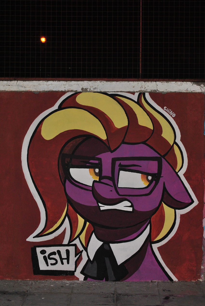 2016 absurd_res blonde_hair bust_portrait clothing dialogue earth_pony equid equine eyebrows eyelashes eyewear fan_character female glasses grace_manewitz graffiti hair hasbro hi_res horse mammal my_little_pony necktie outside paint photography_(artwork) pony portrait red_background shinodage signature simple_background solo speech_bubble spray_paint teeth text traditional_media_(artwork) yellow_eyes