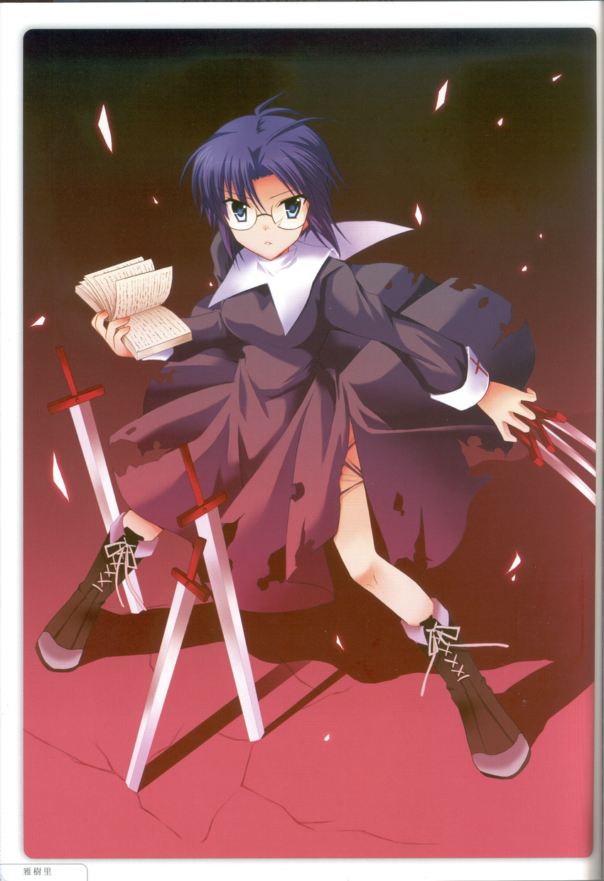 absurdres black_keys_(type-moon) blue_eyes book ciel_(tsukihime) female fighting_stance glasses highres miyabi_juri scan short_hair solo sword torn_clothes tsukihime weapon