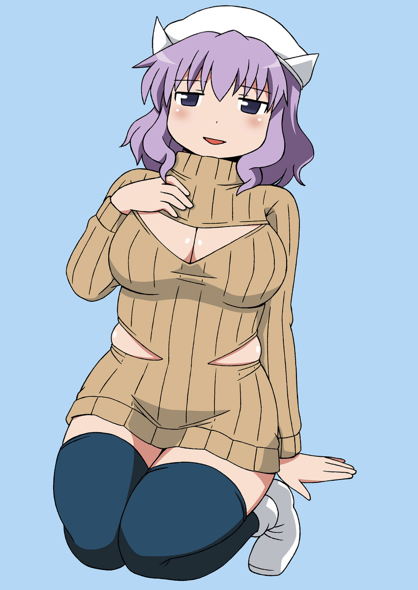 black_thighhighs breasts cleavage cleavage_cutout clothing_cutout commentary_request female hand_on_own_chest hat highres large_breasts letty_whiterock meme_attire millipen_(medium) naked_sweater open-chest_sweater photoshop_(medium) plump poinikusu purple_eyes purple_hair ribbed_sweater seiza sitting smile solo sweater thighhighs touhou traditional_media turtleneck waist_cutout zettai_ryouiki