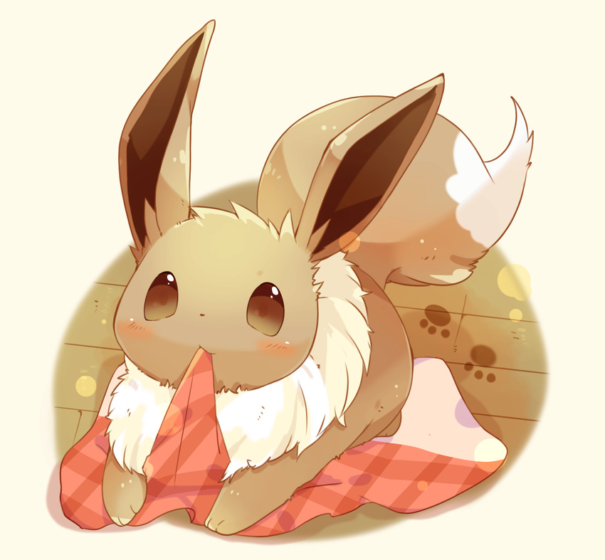 blush brown_eyes commentary_request eevee faux_figurine full_body highres looking_at_viewer lying mouth_hold nibbling no_humans on_floor on_stomach pokemon pokemon_(creature) rag simple_background ushiina yellow_background