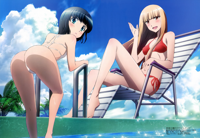 2girls :d absurdres ass barefoot bikini black_hair blonde_hair blush brown_eyes chair cloud dansai_bunri_no_crime_edge day green_eyes highres long_hair looking_back lounge_chair megami_magazine misumi_kashiko miyashita_yuuji multiple_girls mushanokouji_iwai official_art open_mouth outdoors palm_tree pool pool_ladder poolside red_bikini short_hair side-tie_bikini_bottom sky smile sparkle swimsuit tree water