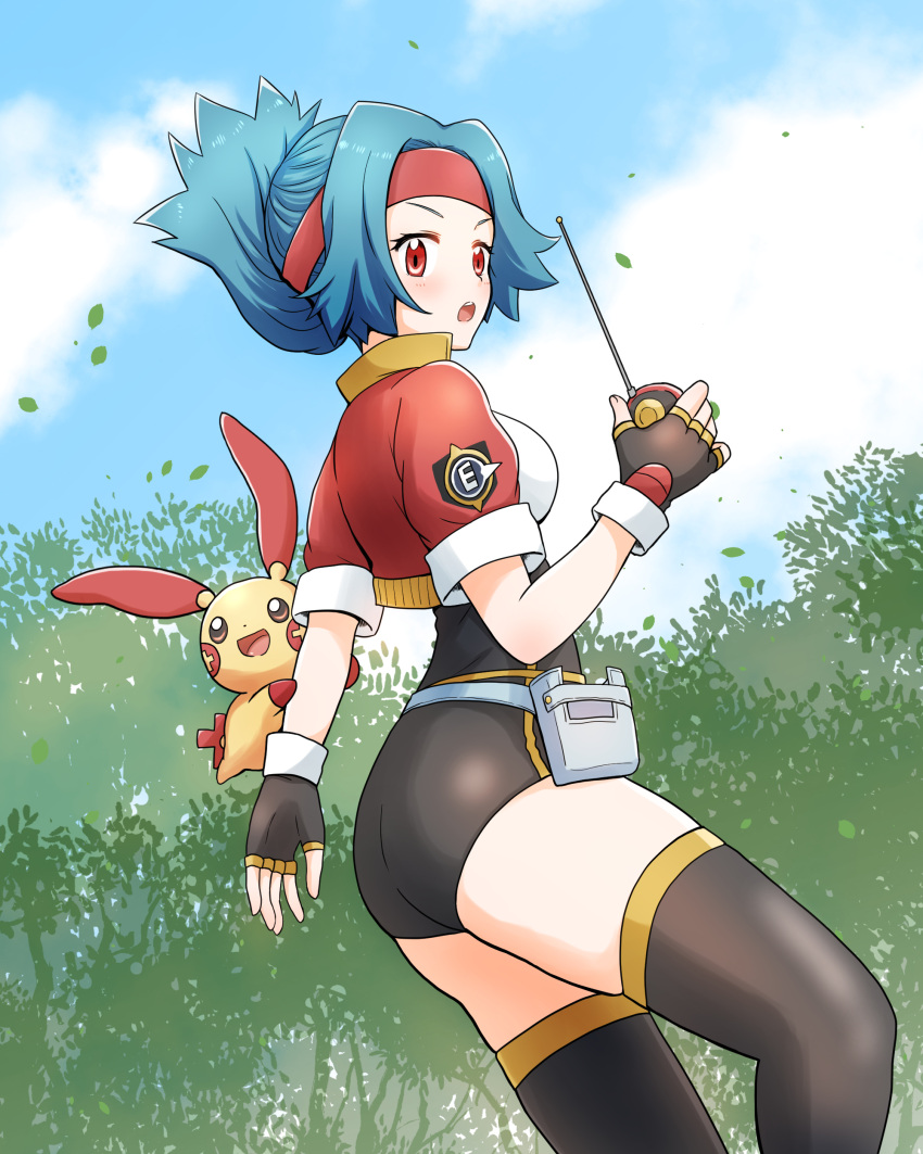 absurdres black_gloves blue_hair breasts capture_styler commission cropped_jacket female fingerless_gloves gloves headband highres jacket looking_back noto-kanna open_clothes open_jacket open_mouth pixiv_commission plusle pokemon pokemon_(creature) pokemon_ranger red_eyes red_headband red_jacket solana_(pokemon) thighhighs