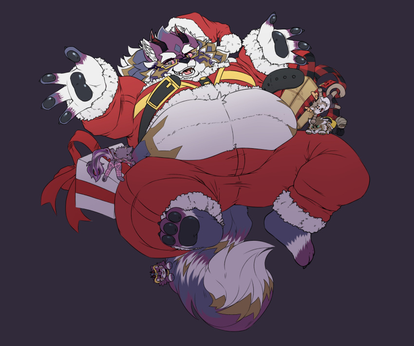 2021 absurd_res anthro bael_(tas) bathym_(tas) belly canid canine canis christmas christmas_clothing christmas_headwear clothing costume countershading draggintoucan eyewear feet glasses group hat headgear headwear hi_res holidays humanoid_hands jackal lifewonders male mammal nyarlathotep_(tas) obese obese_male overweight overweight_male santa_costume santa_hat seth_(tas) simple_background sitri_(tas) size_difference tokyo_afterschool_summoners unavailable_at_source