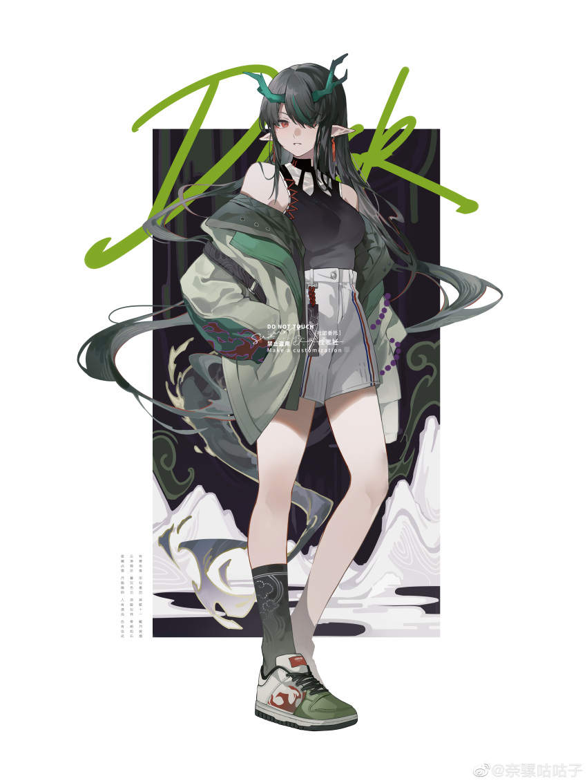 absurdres alternate_costume arknights bare_shoulders black_hair black_shirt black_socks breasts character_name dragon_girl dragon_horns dragon_tail dusk_(arknights) earpiece earrings female floating_hair full_body green_hair grey_jacket hair_over_one_eye hand_in_pocket highres horns jacket jewelry long_hair medium_breasts multicolored_hair narakuuu off_shoulder one_eye_covered open_clothes open_jacket orange_eyes parted_lips pointy_ears shirt shoes simple_background single_sock sleeveless sleeveless_shirt socks solo standing streaked_hair tail tassel tassel_earrings very_long_hair watermark white_background white_footwear