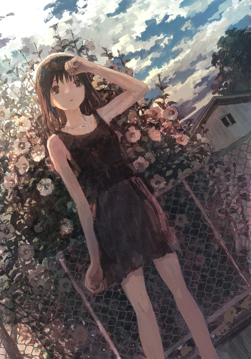 black_eyes black_hair bush camisole cloud commentary day dutch_angle female flower highres medium_hair original outdoors rose_of_sharon scenery skirt sky solo texture tokunaga_akimasa