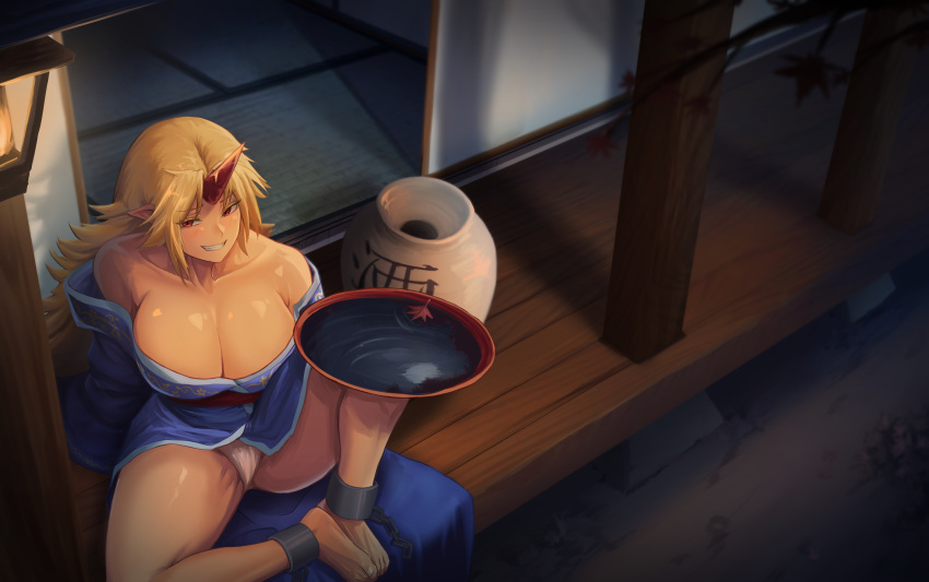 absurdres ankle_cuffs autumn_leaves bare_shoulders barefoot blonde_hair blue_kimono bottle branch breasts cleavage collarbone commentary_request cup dryseaweed female fusuma grin highres horns hoshiguma_yuugi hoshiguma_yuugi_(kimono) huge_breasts japanese_clothes kimono korean_commentary leaf long_hair obi oerba_yun_fang off_shoulder outdoors panties pointy_ears red_eyes right-over-left_kimono sakazuki sash single_horn sitting sliding_doors smile solo spread_legs tatami thick_thighs thighs tokkuri touhou tsurime underwear veranda white_panties