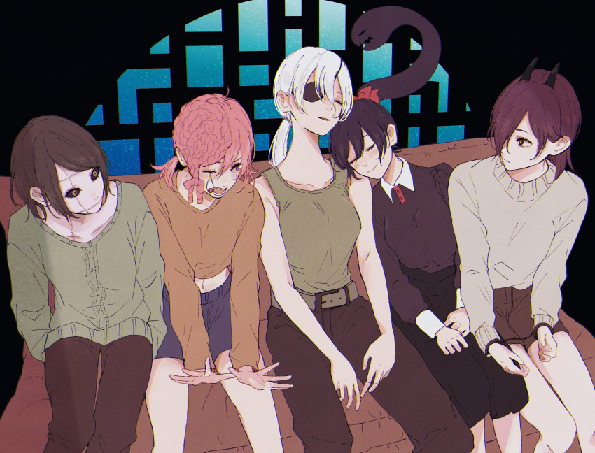 5girls bad_id bad_pixiv_id bare_arms bare_shoulders belt black_hair black_horns black_pants blonde_hair blouse blush brown_hair brown_pants chainsaw_man commentary_request cosmo_(chainsaw_man) crop_top dangling_eye demon_horns exposed_brain eyepatch futakuchi-onna green_sweater head_on_another's_shoulder head_on_head head_rest head_tilt highres horns long_(chainsaw_man) long_hair medium_hair miniskirt monster_girl multiple_girls pants pingtsi_(chainsaw_man) pink_hair ponytail prehensile_hair quanxi's_group_(chainsaw_man) quanxi_(chainsaw_man) shirt shirt_tucked_in short_hair shorts skirt sleeping smile sweater toukaairab tsugihagi_(chainsaw_man) white_hair white_sweater zombie