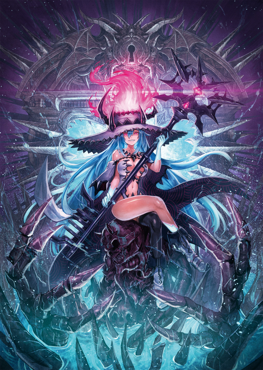 bare_shoulders blue_hair boots breasts cleavage collarbone crossed_legs demon fantasy female fire floating_hair full_body grin hair_between_eyes hat highres hilda_(kuroi_susumu) holding holding_staff kuroi_susumu large_breasts long_hair looking_at_viewer navel off_shoulder original pink_eyes pointed_footwear revealing_clothes sharp_teeth sidelocks sitting skeleton slit_pupils smile solo staff teeth thighs tsurime very_long_hair water witch witch_hat