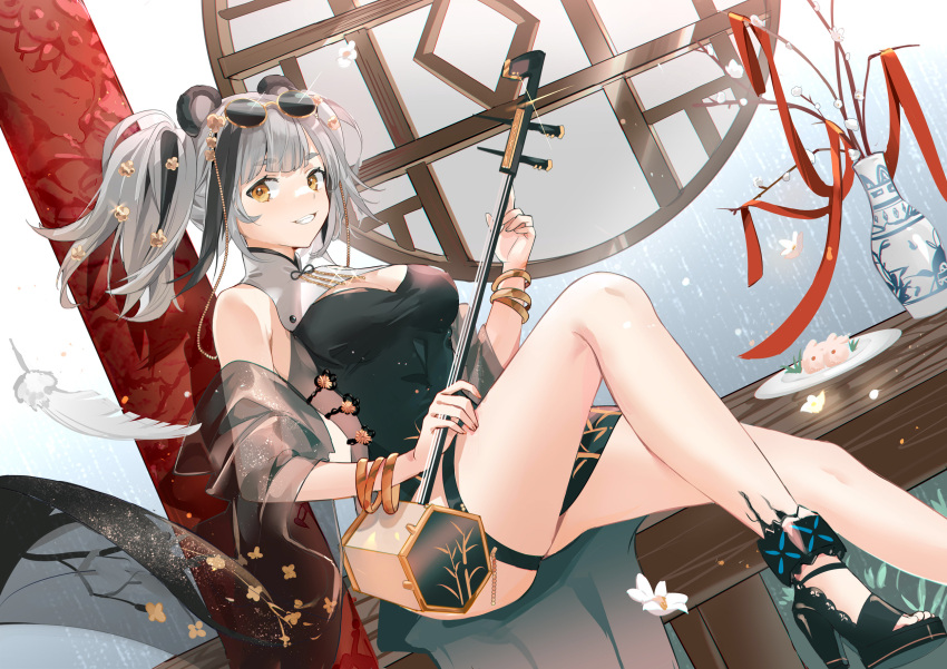 animal_ears arknights bangle bare_legs bare_shoulders black_dress bracelet breasts china_dress chinese_clothes dress dutch_angle erhu eyewear_on_head feater_(arknights) female glint grey_hair grin high_heels highres holding infection_monitor_(arknights) instrument jewelry knee_up large_breasts long_hair looking_at_viewer material_growth multicolored_hair orange_eyes oripathy_lesion_(arknights) panda_ears qinghua_(porcelain) rero_(bigdoorbig2) round_eyewear shawl short_dress sitting sleeveless sleeveless_dress smile solo streaked_hair sunglasses table taut_clothes taut_dress thigh_strap thighs twintails two-tone_hair vase