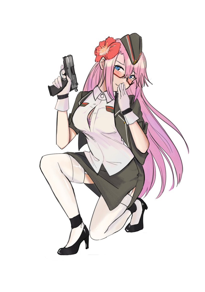 ankleband blue_eyes blush bra bra_peek breasts button_gap collared_shirt covering_own_mouth covering_privates female flower fnp-9 fnp-9_(girls'_frontline) garter_straps girls'_frontline glasses gloves gun hair_flower hair_ornament handgun hat high_heels highres holding holding_gun holding_weapon inapple lace-trimmed_bra lace_trim looking_at_viewer medium_breasts military military_hat military_uniform pencil_skirt pink_bra pink_hair red-framed_eyewear semi-rimless_eyewear shirt side_slit simple_background skindentation skirt solo thighhighs thighs trigger_discipline underwear uniform wavy_mouth weapon white_background white_garter_straps white_gloves white_shirt white_thighhighs