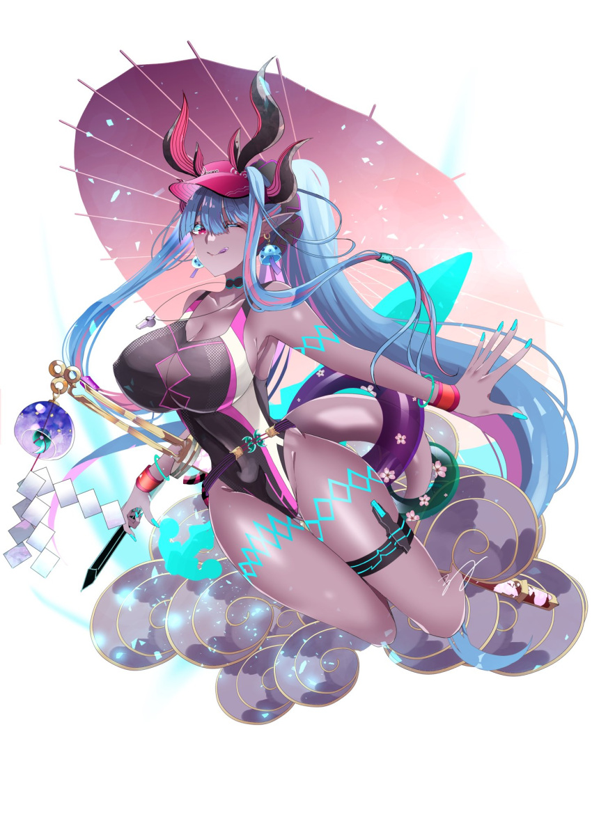 black_horns black_one-piece_swimsuit blue_hair body_markings breast_cutout breasts colored_skin competition_swimsuit dark-skinned_female dark_skin dragon_girl fate/grand_order fate_(series) female grey_skin highleg highleg_swimsuit highres horns ibuki_douji_(fate) ibuki_douji_(swimsuit_berserker)_(fate) ibuki_douji_(swimsuit_berserker)_(first_ascension)_(fate) jishaku_(mag_315) long_hair looking_at_viewer multicolored_hair multicolored_horns multiple_horns one-piece_swimsuit oni pink_hair pink_headwear pink_horns pink_one-piece_swimsuit pointy_ears red_eyes smile swimsuit tail two-tone_swimsuit visor_cap whistle