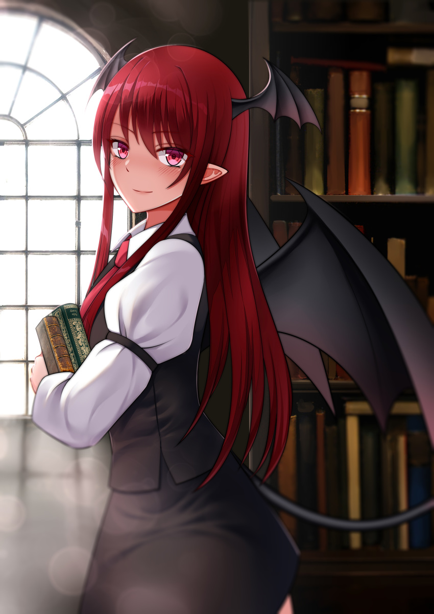 absurdres black_dress black_skirt black_vest black_wings book bookshelf chinese_commentary closed_mouth collared_shirt commentary demon_girl demon_tail demon_wings dress female from_side head_wings highres holding holding_book hugging_book hugging_object indoors koakuma lens_flare light_smile long_hair long_sleeves looking_at_viewer necktie oirin photoshop_(medium) pointy_ears red_eyes red_hair red_necktie shirt sidelocks skirt solo tail touhou vest white_shirt window wing_collar wings