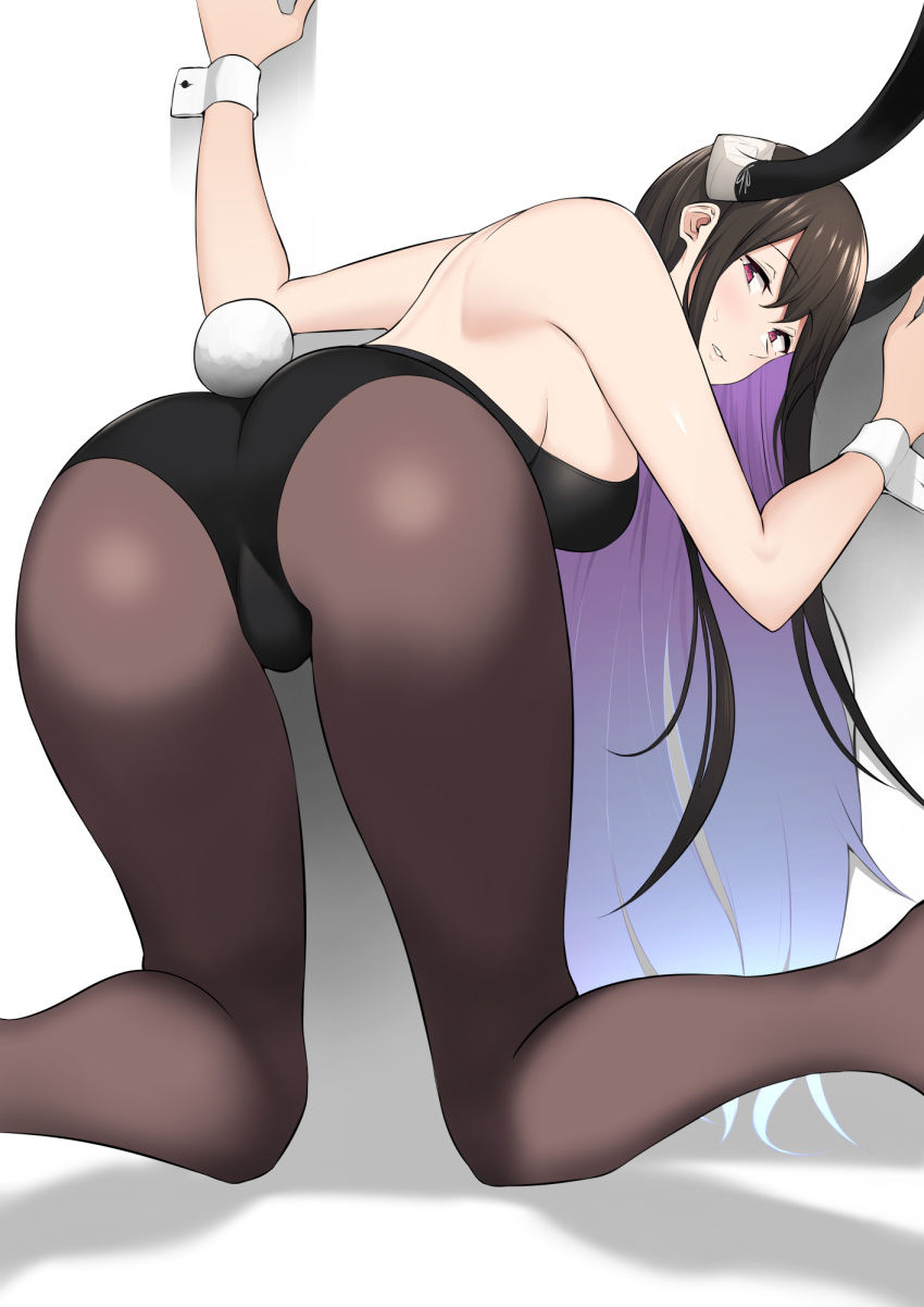 animal_ears ass bare_shoulders bent_over black_hair black_pantyhose blush breasts commentary_request douyara_boku_no_hanayome_wa_onna_kishidan_na_you_de estelle_invite fake_animal_ears female highres kneeling leaning_forward long_hair looking_at_viewer medium_breasts nori_gorou pantyhose parted_lips playboy_bunny presenting purple_eyes purple_hair rabbit_ears rabbit_tail solo sweatdrop tail wrist_cuffs