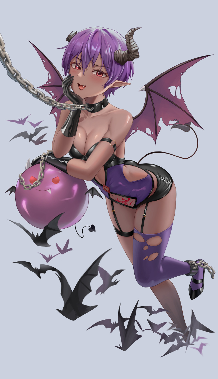 :d absurdres arm_belt back_cutout bare_shoulders breasts chains cleavage clothing_cutout collar commentary dark_skin demon_girl demon_horns demon_tail demon_wings female garter_straps highres horns leash leotard looking_at_viewer medium_breasts oerba_yun_fang open_mouth original purple_hair purple_leotard purple_thighhighs red_eyes shoes short_hair single_thighhigh smile solo stomach_cutout stomach_tattoo strapless strapless_leotard symbol-only_commentary tail tattoo thighhighs torn_clothes torn_thighhighs torn_wings wings yj_(yojo_san)