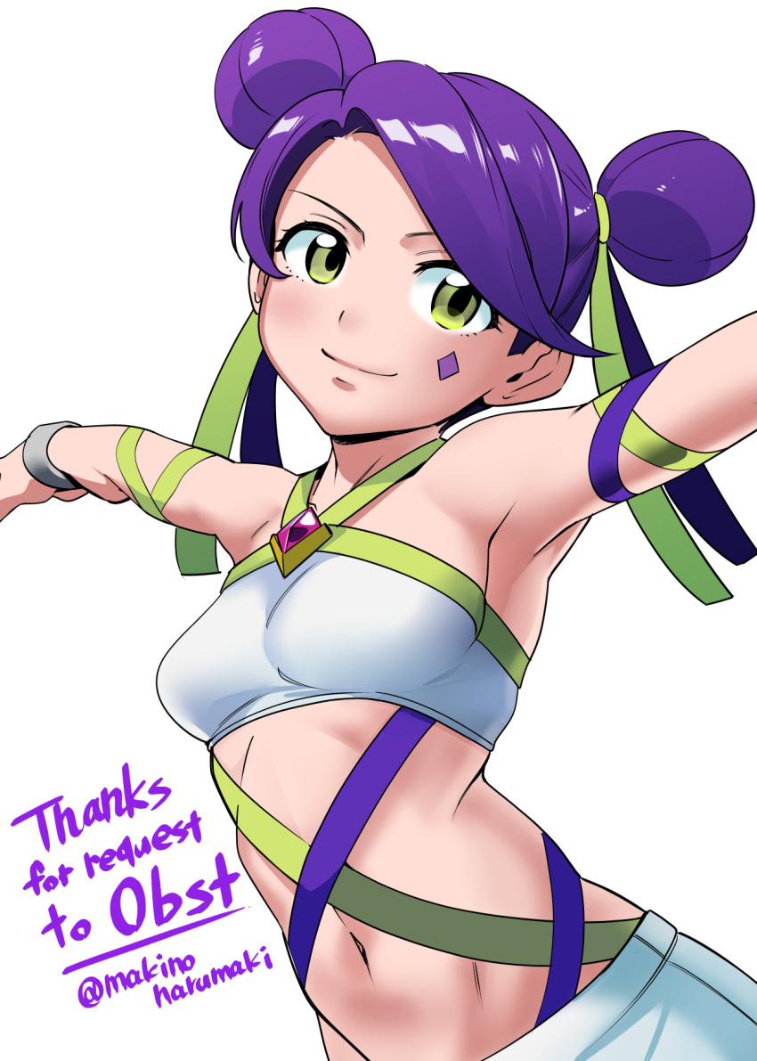 artist_name blush breasts closed_mouth commission commissioner_upload diamond_(shape) double_bun eyelashes female hair_bun hair_ribbon highres makino_harumaki midriff navel non-web_source outstretched_arms pokemon pokemon_battle_revolution purple_hair ribbon sashay_(pokemon) short_hair simple_background skeb_commission skirt smile solo swept_bangs white_background white_skirt wristband yellow_eyes yellow_ribbon