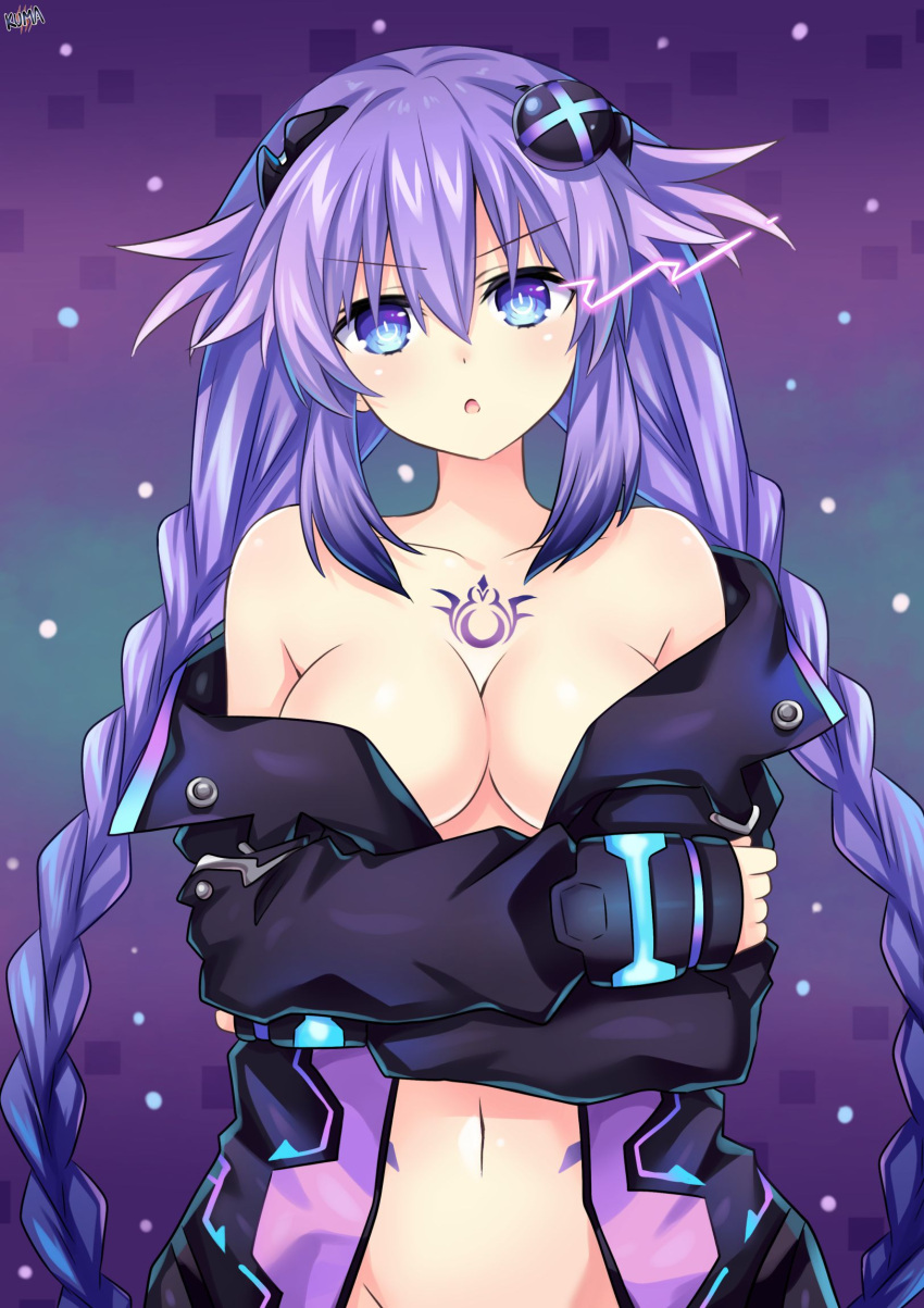 adapted_costume alternate_costume annoyed blue_eyes blush braid breasts chest_tattoo cleavage clothes_pull crossed_arms d-pad d-pad_hair_ornament female groin hair_between_eyes hair_ornament highres jacket jacket_pull lewdkuma long_hair looking_at_viewer medium_breasts navel nepnep_connect:_chaos_chanpuru neptune_(series) no_bra off_shoulder open_clothes open_jacket open_mouth out-of-frame_censoring power_symbol power_symbol-shaped_pupils purple_hair purple_heart_(chaos_form) purple_heart_(neptunia) solo staring symbol-shaped_pupils tattoo twin_braids twintails undressing very_long_hair