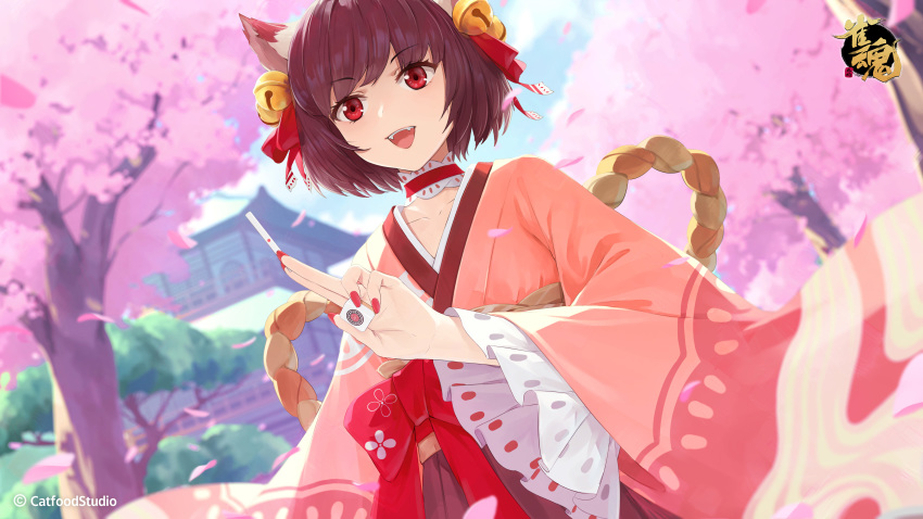 :d absurdres animal_ears architecture bell brown_hair cat_ears cherry_blossoms choker commentary_request day earrings east_asian_architecture fangs female fingernails green_eyes hair_bell hair_ornament hakama hakama_skirt highres holding holding_mahjong_tile holding_tenbou ichihime japanese_clothes jewelry jingle_bell jingle_bell_earrings long_sleeves mahjong mahjong_soul mahjong_tile nail_polish open_mouth outdoors red_choker red_nails short_hair skirt smile solo somehira_katsu tenbou tottemo_e_mahjong_plus watermark