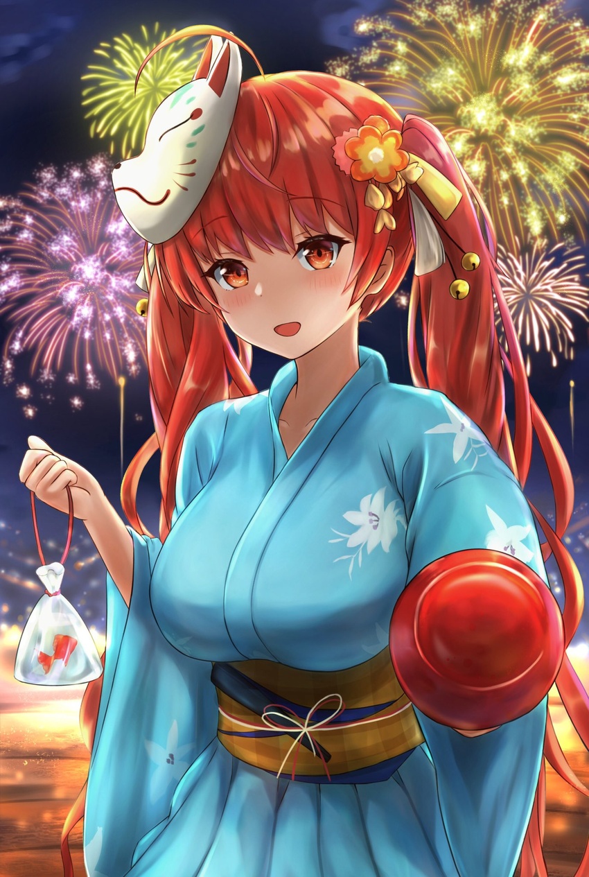 aerial_fireworks ahoge amano_kusatsu azur_lane bag bagged_fish bell blue_kimono blush breasts candy_apple female fireworks fish floral_print flower food fox_mask hair_bell hair_flower hair_ornament hair_ribbon highres holding holding_bag holding_food honolulu_(among_the_stalls)_(azur_lane) honolulu_(azur_lane) japanese_clothes kimono large_breasts long_hair looking_at_viewer mask mask_on_head official_alternate_costume open_mouth pov red_eyes red_hair ribbon sash solo twintails very_long_hair yellow_sash yukata