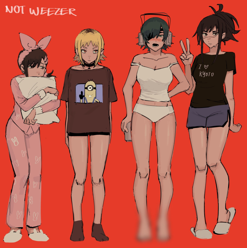 album_cover_redraw animal_slippers arms_behind_back barefoot beer_can black_choker black_hair black_socks blonde_hair blur_censor blurry blush breasts brown_eyes brown_hair bunny_slippers camisole can censored censored_feet chainsaw_man character_print choker cleavage commentary derivative_work despicable_me dolphin_shorts drink_can english_commentary eyepatch green_eyes hair_ornament hairband hairclip higashiyama_kobeni highres himeno_(chainsaw_man) holding holding_can hugging_object liowig looking_at_viewer looking_down looking_to_the_side makeshift_headset medium_breasts medium_hair minion_(despicable_me) multicolored_hair off_shoulder open_mouth pajamas panties pillow pillow_hug pink_hairband pink_pajamas pointless_censoring red_background red_eyes roots_(hair) sawatari_akane_(chainsaw_man) scar scar_on_face scar_on_nose short_hair short_ponytail short_shorts shorts simple_background single_sidelock slippers slit_pupils socks standing swept_bangs tendou_michiko underwear v weezer_(band) white_camisole white_panties