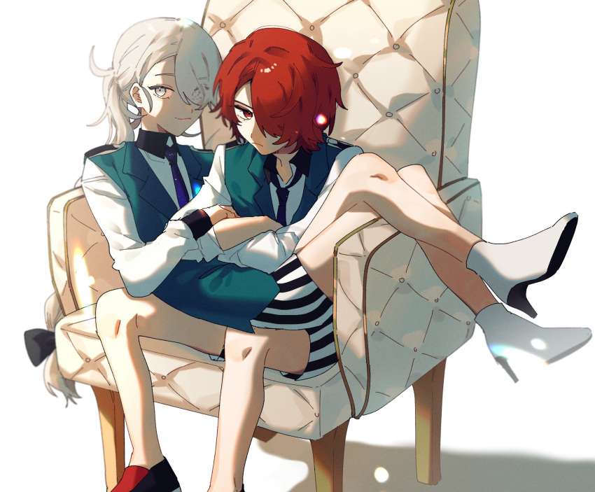 2boys bishounen_series chair crossed_arms fukuroi_mitsuru grey_eyes hair_over_one_eye highres ke_b_ta legs long_sleeves multiple_boys necktie ponytail red_eyes red_footwear red_hair sakiguchi_nagahiro school_uniform shorts sitting sitting_on_person striped_clothes striped_shorts white_footwear white_hair yubiwa_high_school_uniform