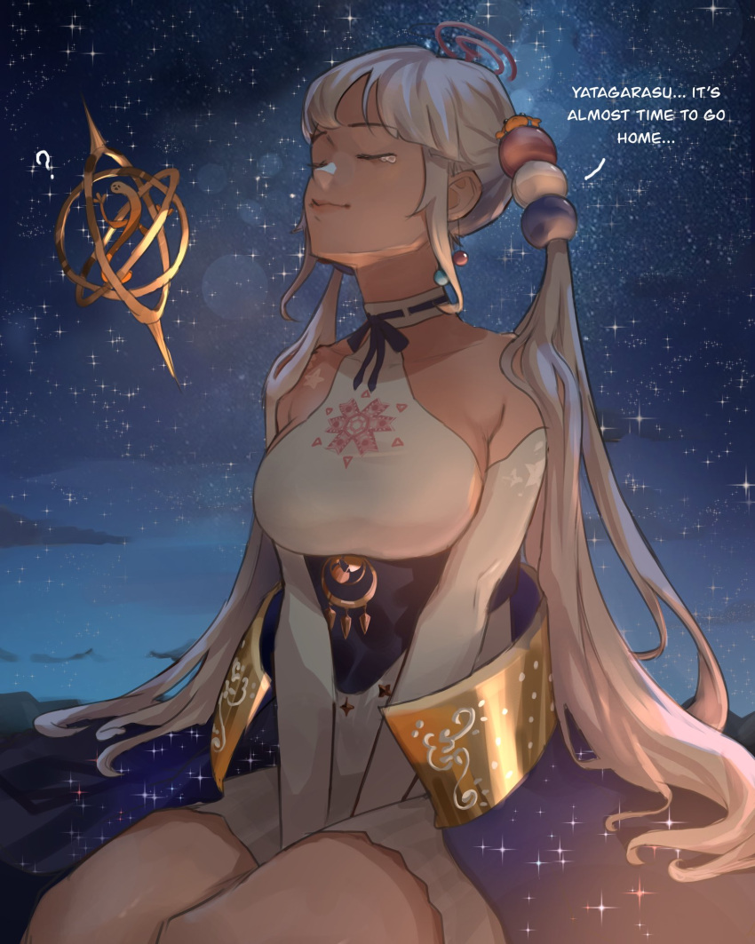 ? blonde_hair breasts closed_eyes commentary dark-skinned_female dark_skin elbow_gloves english_commentary english_text female gloves hair_ornament highres hololive hololive_english large_breasts light_brown_hair limiter_(tsukumo_sana) long_hair multicolored_hair planet_hair_ornament sidelocks sitting smile solo tanukidraws tears tsukumo_sana tsukumo_sana_(1st_costume) twintails very_long_hair virtual_youtuber yatagarasu_(tsukumo_sana)