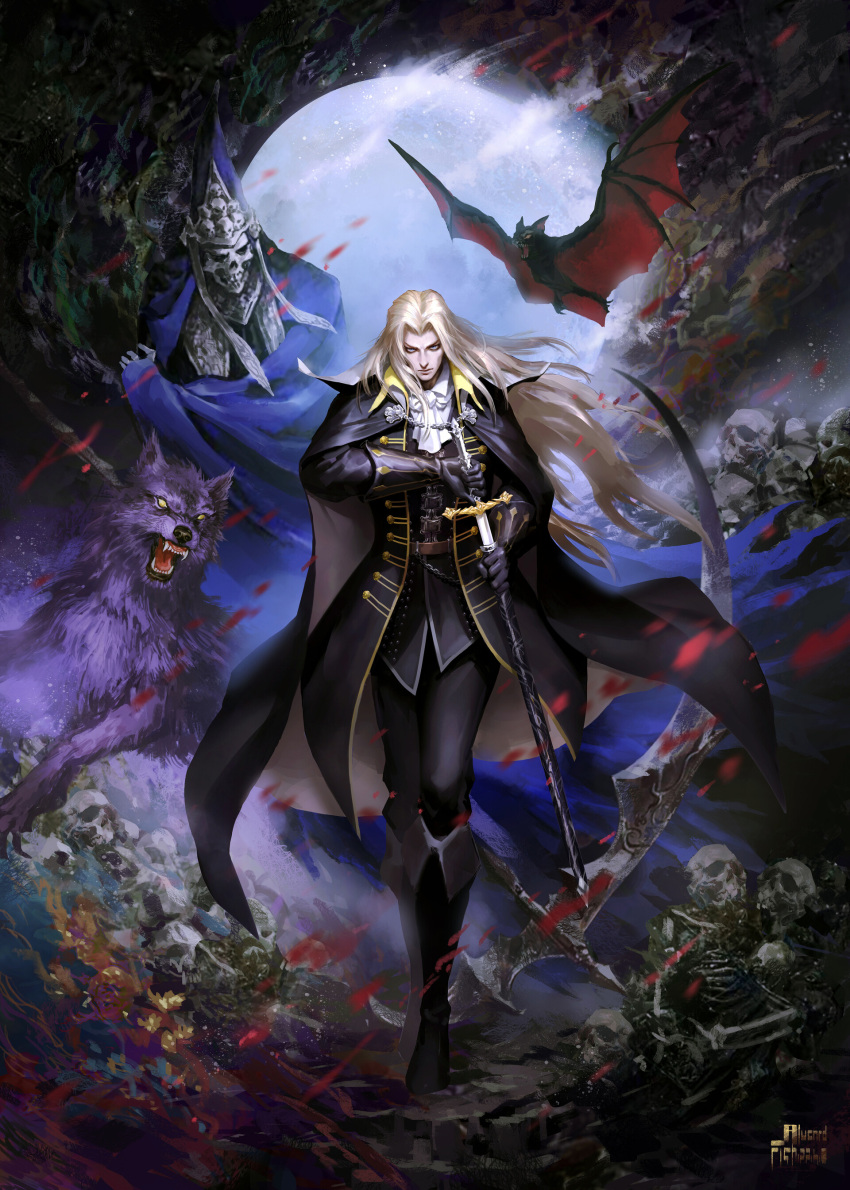 1boy 3others absurdres alucard_(castlevania) artist_request bat_(animal) black_cape black_footwear black_pants blonde_hair bone cape castlevania_(series) chains death_(castlevania) drawing_sword full_moon highres holding holding_sword holding_weapon long_hair looking_at_viewer moon multiple_others oerba_yun_fang pale_skin pants scythe skull sword vampire weapon wolf