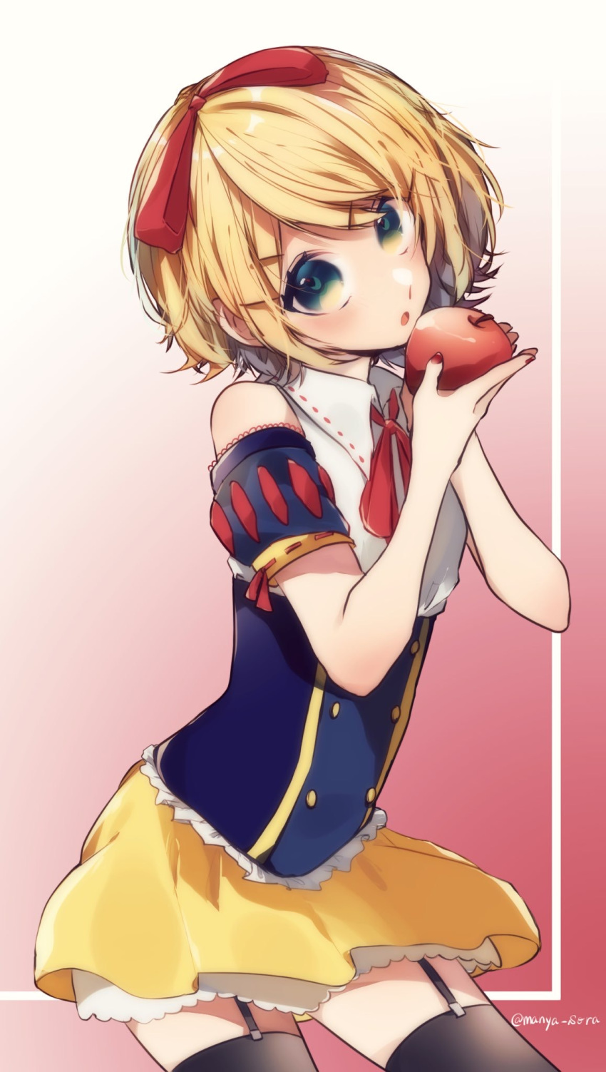 apple black_thighhighs blonde_hair blue_shirt blue_sleeves commentary_request cosplay cowboy_shot detached_sleeves female food fruit garter_straps gradient_background green_eyes hair_ribbon highres holding holding_food holding_fruit kagamine_rin layered_skirt looking_at_viewer manya_sora miniskirt nail_polish neck_ribbon open_mouth pink_background red_apple red_nails red_ribbon ribbon ribbon-trimmed_sleeves ribbon_trim shirt short_hair short_sleeves skirt snow_white_(disney) snow_white_(disney)_(cosplay) snow_white_and_the_seven_dwarfs solo standing swept_bangs thighhighs twitter_username vocaloid white_background wing_collar yellow_skirt zettai_ryouiki