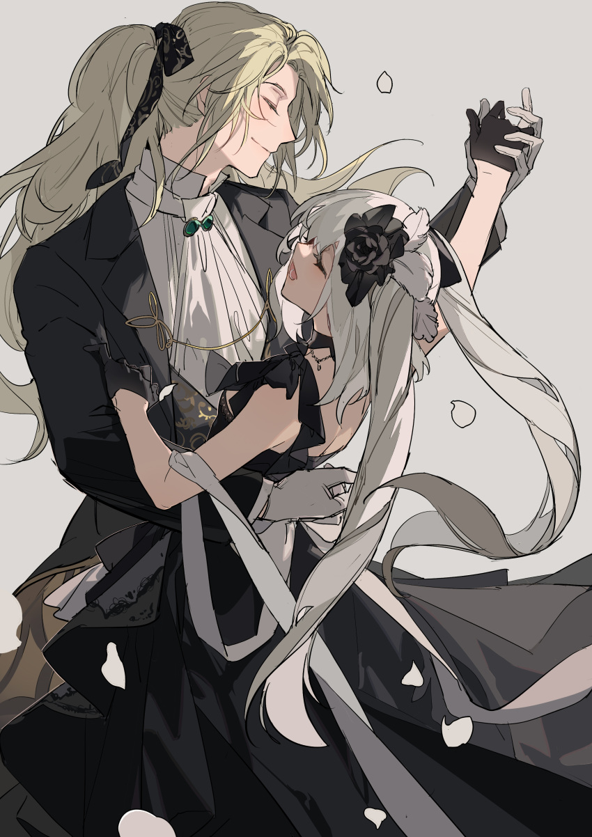 1boy :d absurdres arm_around_waist bad_id bad_pixiv_id bare_shoulders black_dress black_flower black_gloves black_jacket black_rose blonde_hair closed_eyes closed_mouth commentary dancing dress fate/grand_order fate_(series) female flower formal gloves grey_background hair_flower hair_ornament hair_ribbon half_gloves highres holding_hands jacket long_hair manly marie_antoinette_(fate) marie_antoinette_(formal_dress)_(fate) official_alternate_costume open_clothes open_jacket open_mouth petals ribbon rose shirt simple_background sleeveless sleeveless_dress smile straight suit twintails very_long_hair white_gloves white_shirt wolfgang_amadeus_mozart_(fate) wolfgang_amadeus_mozart_(formal_dress)_(fate) zhibuji_loom