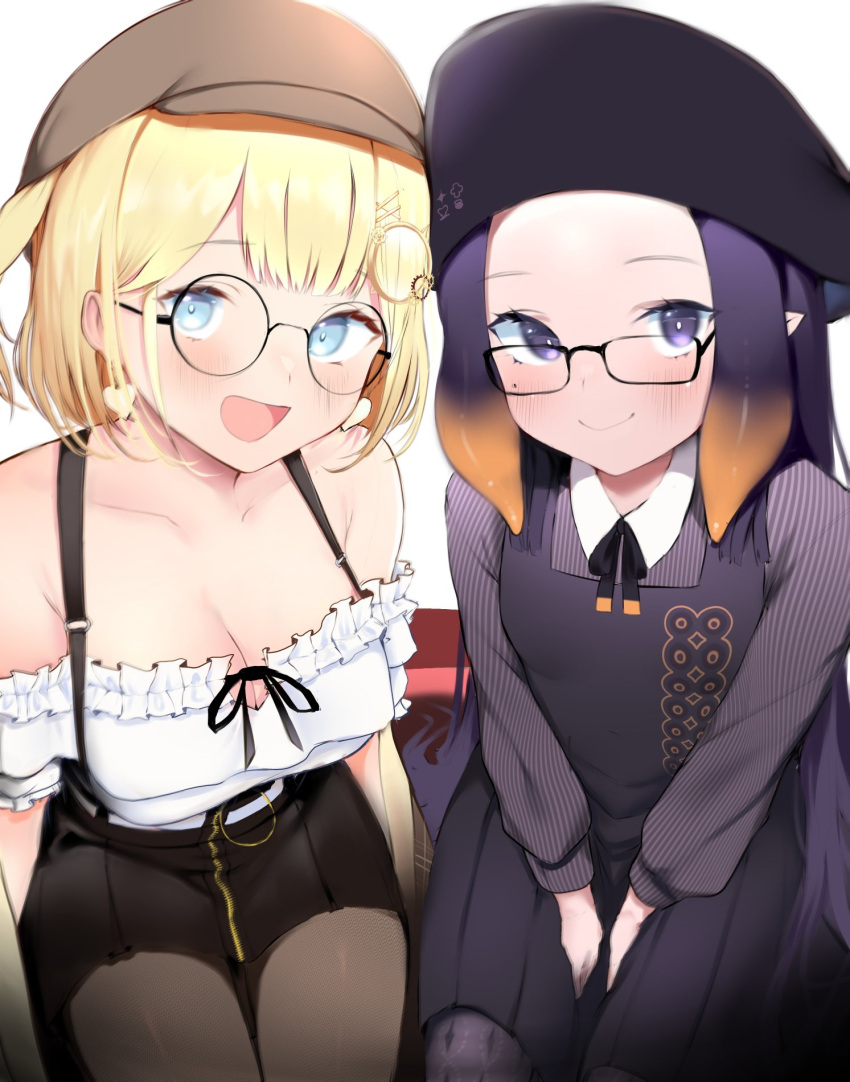 2girls beret between_legs black_dress black_headwear blonde_hair blush breasts brown_headwear cleavage collarbone collared_shirt dress forehead frilled_shirt frills glasses grey_shirt hand_between_legs hat highres hololive hololive_english multiple_girls ninomae_ina'nis ninomae_ina'nis_(casual) off-shoulder_shirt off_shoulder pantyhose purple_hair round_eyewear shirt sitting smile tentacle_hair teriibol virtual_youtuber watson_amelia watson_amelia_(street_casual) white_shirt