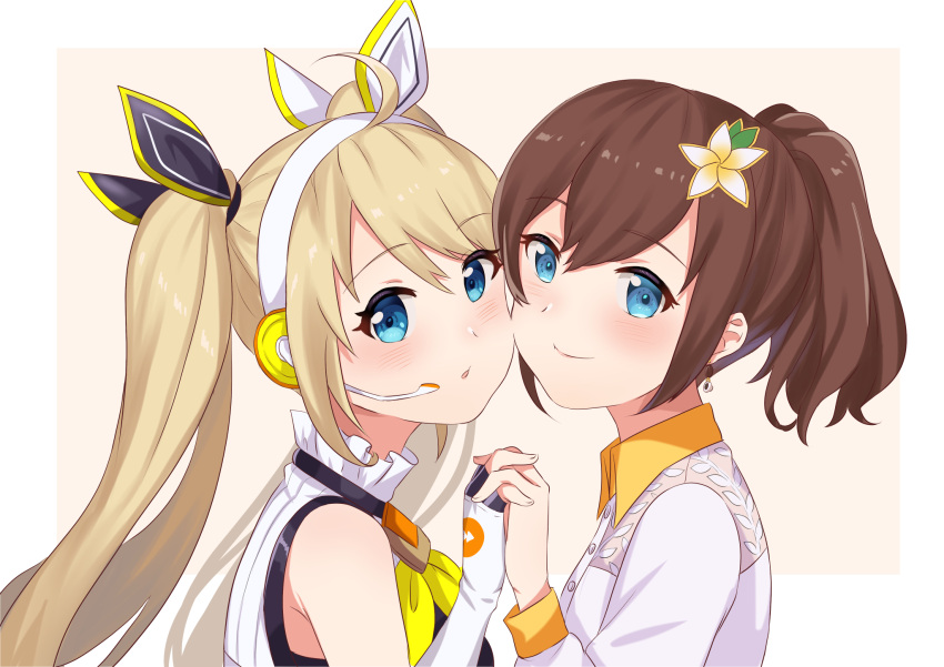 2girls :o blonde_hair blue_eyes blush brown_hair collared_shirt fingerless_gloves gloves hana_macchia hana_macchia_(1st_costume) head_tilt headset highres indonesian_commentary kyuzuki89 long_hair looking_at_viewer multiple_girls nijisanji nijisanji_id open_mouth ponytail shirt short_hair smile twintails virtual_youtuber white_gloves white_shirt zea_cornelia zea_cornelia_(1st_costume)