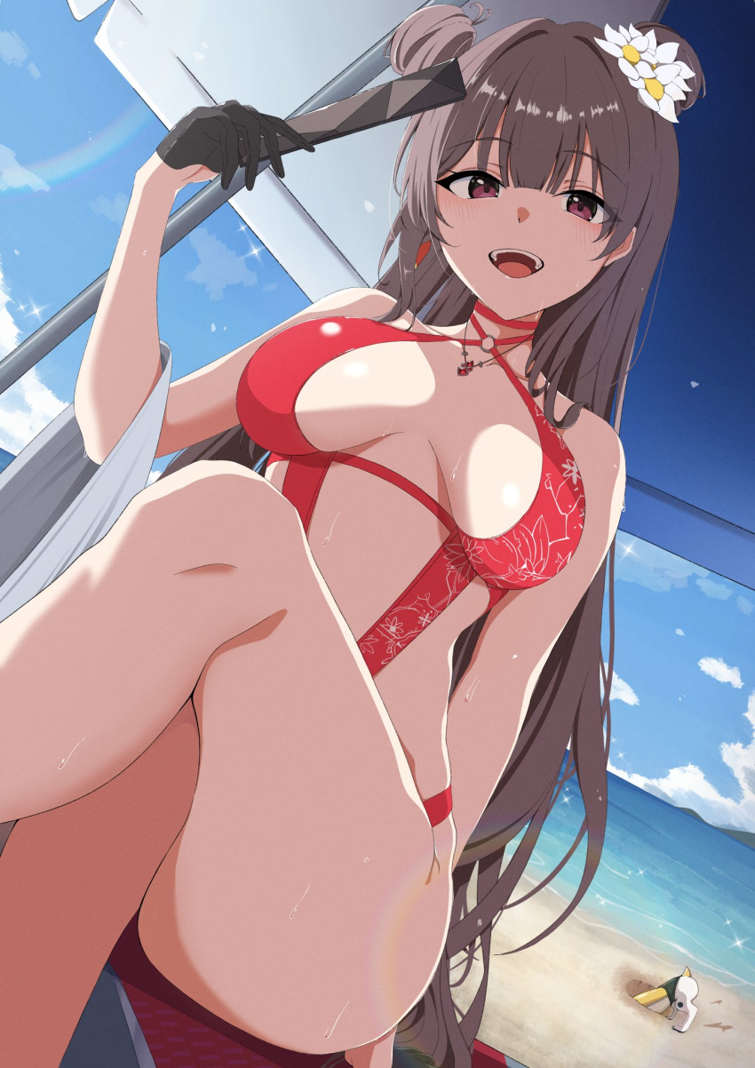 bare_shoulders beach blue_sky blunt_bangs breasts brown_hair canine casual_one-piece_swimsuit cleavage cleavage_cutout clothing_cutout double_bun earrings female flower gloves goddess_of_victory:_nikke hair_bun half_gloves hand_fan highres holding holding_fan jewelry kana_(wucz8478) long_hair medium_breasts necklace one-piece_swimsuit open_mouth outdoors red_eyes sidelocks sky sleeveless smile solo_focus swimsuit volt_(nikke) yan_(nikke) yan_(sunrise_market)_(nikke)