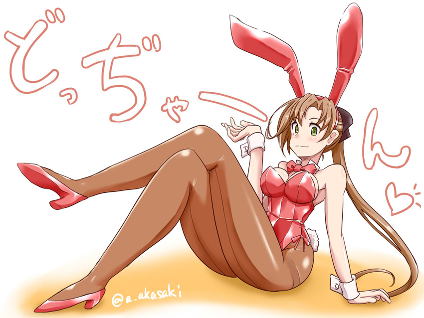 akai_akasaki akigumo_(kancolle) alternate_costume animal_ears bare_shoulders breasts brown_hair brown_ribbon crossed_legs detached_collar fake_animal_ears female green_eyes hair_ribbon high_heels kantai_collection large_breasts leotard long_hair looking_at_viewer mole mole_under_eye pantyhose playboy_bunny ponytail rabbit_ears rabbit_tail red_footwear ribbon sitting solo tail twitter_username wrist_cuffs